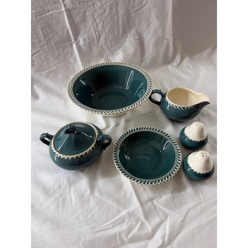 Vintage Harker Pottery Pate sur Pate Teal Green Tea Set Bowls Shakers 6pc